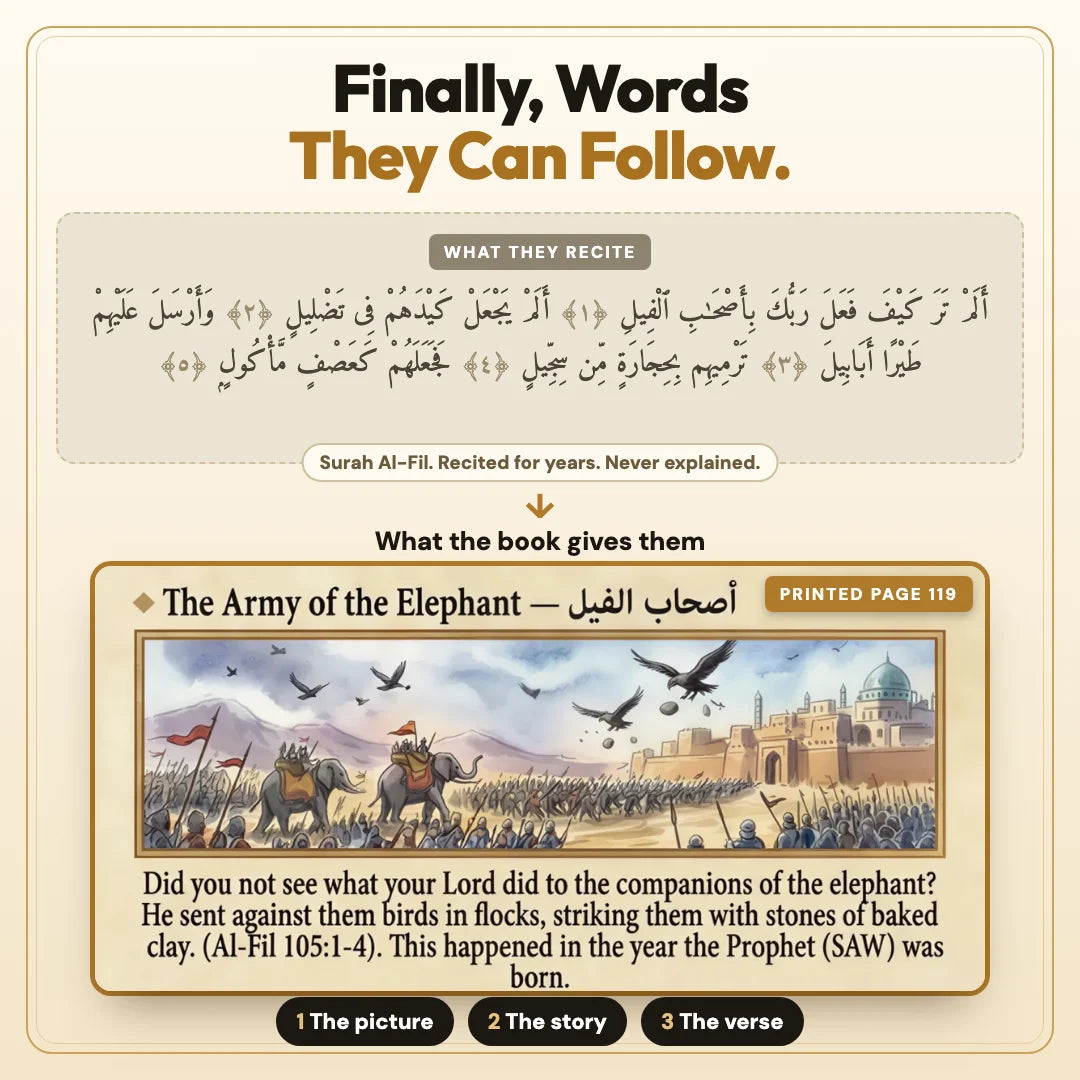 Surah Al-Fil as children recite it, and the same story on printed page 119