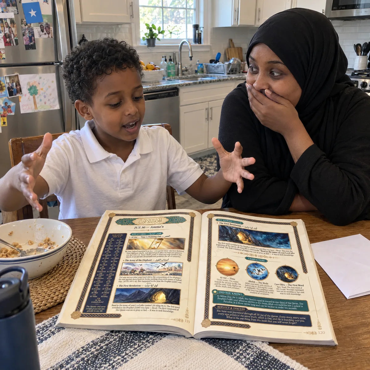 A boy explaining the Army of the Elephant page while his mother watches, amazed