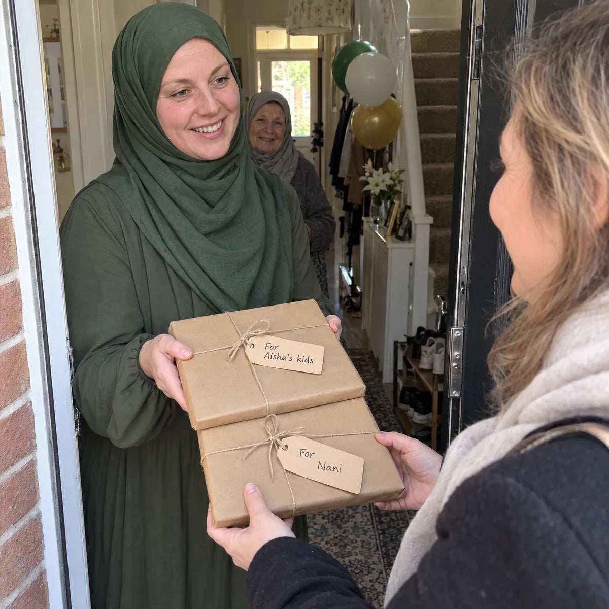 Handing two wrapped copies to family on the doorstep